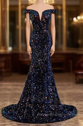 Glitter navy Sequins Off Shoulders Tight Fit Formal Semi Formal Prom Dress